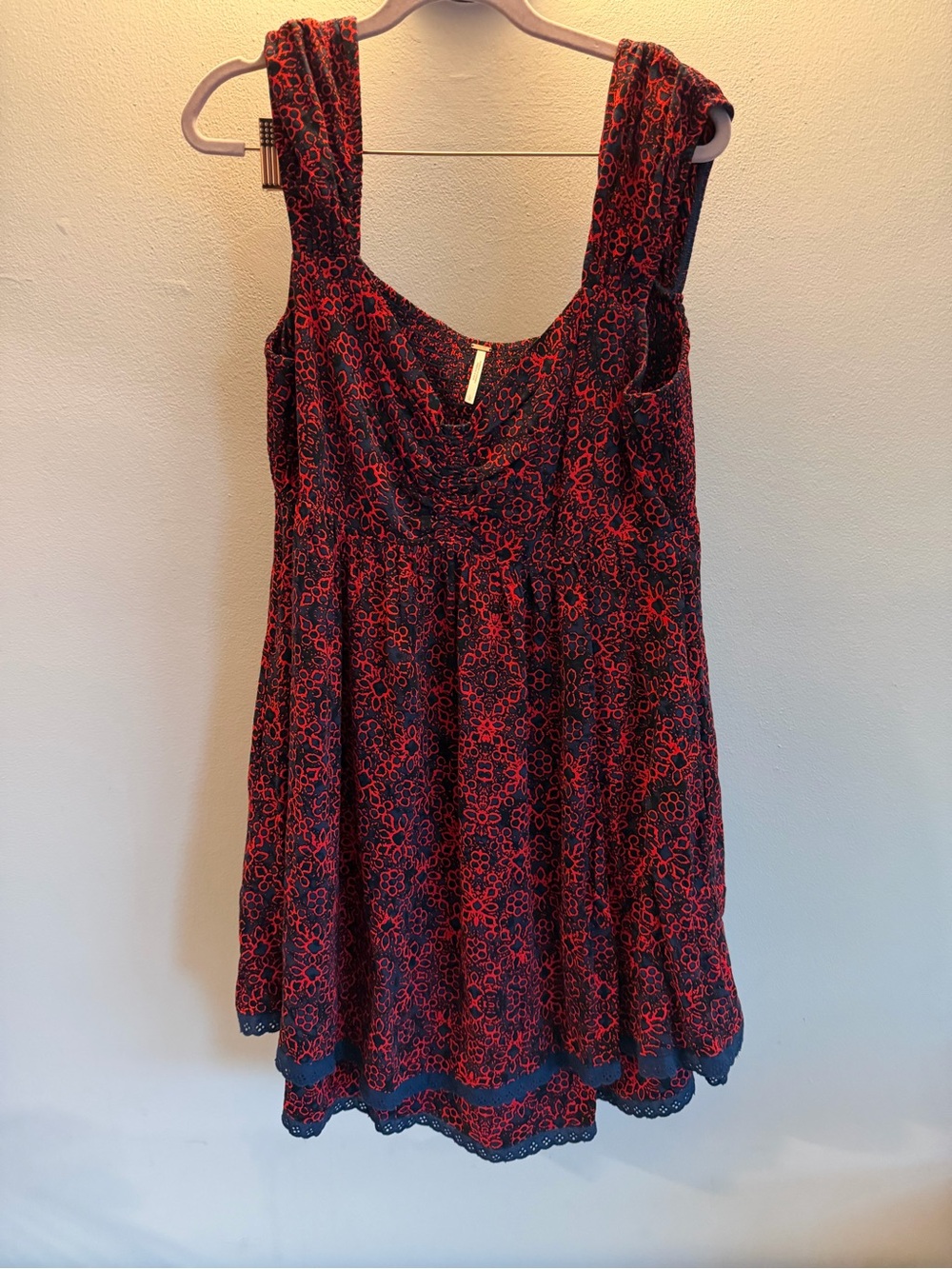 Free People Red Navy Blue Abstract Geometric Mini Dress Tunic Size L